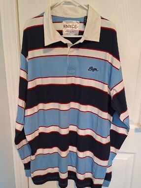 Enyce Men's Long-Sleeve Polo - Light Blue, Black, White with Red Trim